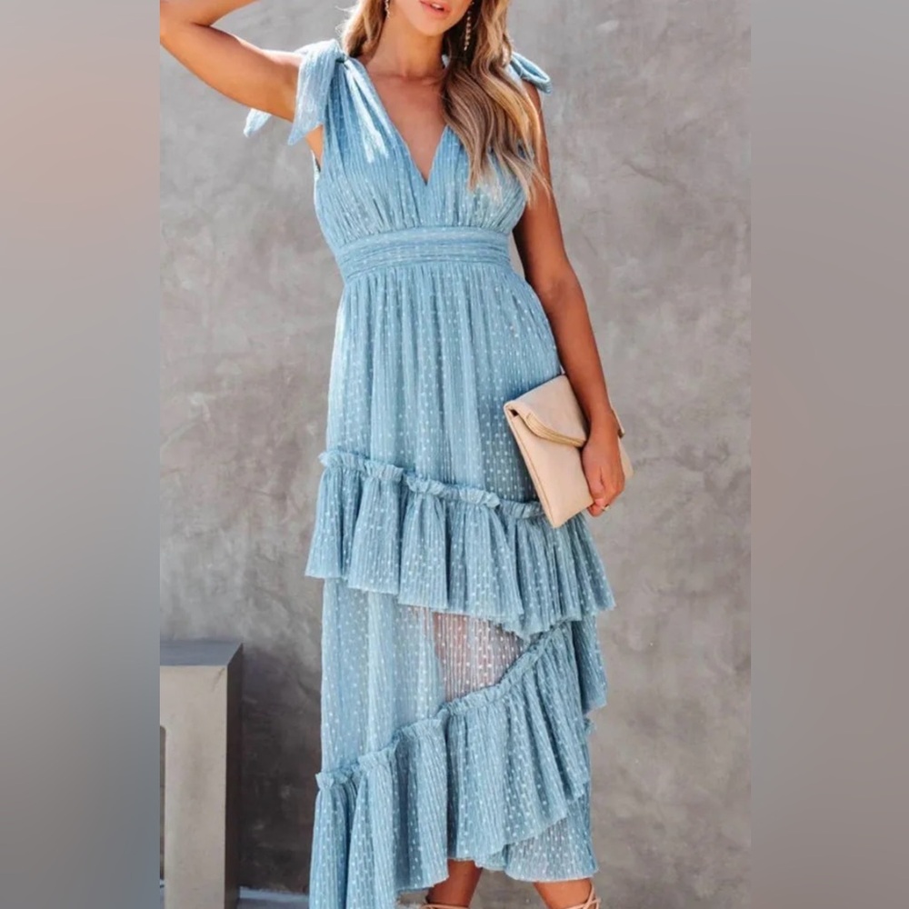 Vici Blue Ruched Tiered Midi Dress